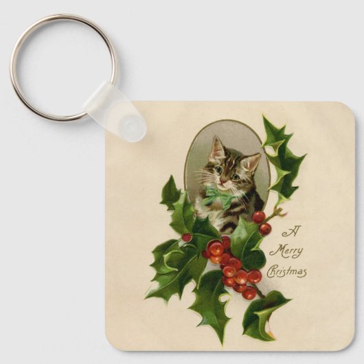 Kattenkerst Vrolijk Holly Kitten Antiek Kunst Sleutelhanger (Voorkant)