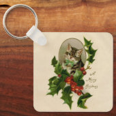Kattenkerst Vrolijk Holly Kitten Antiek Kunst Sleutelhanger (Voorkant)