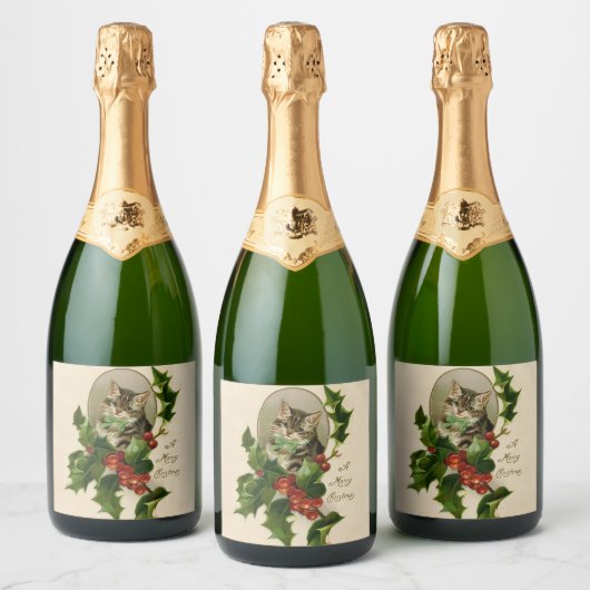 Kattenkerst Vrolijk Holly Kitten Antiek Kunst Sparkling Wijnetiket (Flessen)