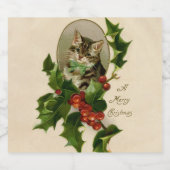 Kattenkerst Vrolijk Holly Kitten Antiek Kunst Sparkling Wijnetiket (Enkel label)