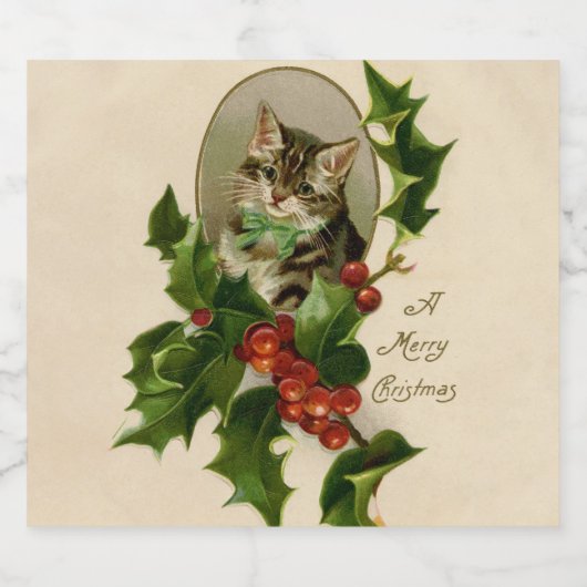 Kattenkerst Vrolijk Holly Kitten Antiek Kunst Sparkling Wijnetiket (Enkel label)