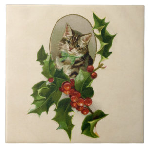 Kattenkerst Vrolijk Holly Kitten Antiek Kunst Tegeltje