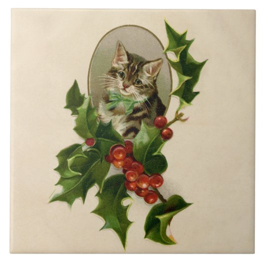 Kattenkerst Vrolijk Holly Kitten Antiek Kunst Tegeltje (Voorkant)