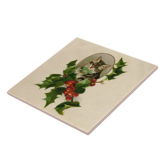 Kattenkerst Vrolijk Holly Kitten Antiek Kunst Tegeltje (Zijkant)