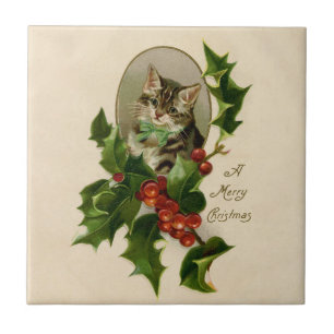 Kattenkerst Vrolijk Holly Kitten Antiek Kunst Tegeltje