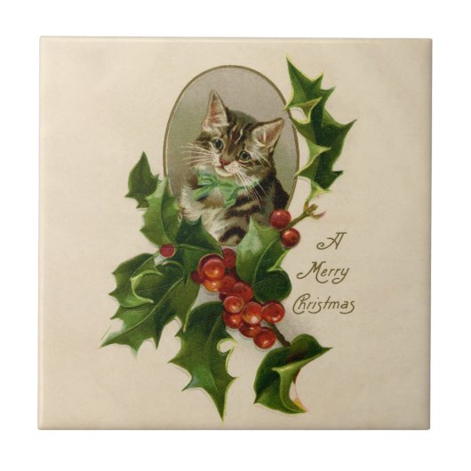 Kattenkerst Vrolijk Holly Kitten Antiek Kunst Tegeltje (Voorkant)