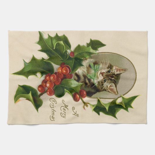 Kattenkerst Vrolijk Holly Kitten Antiek Kunst Theedoek (Horizontaal)