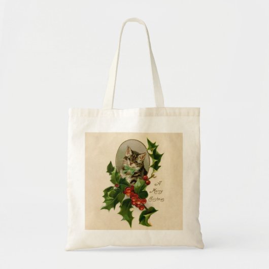 Kattenkerst Vrolijk Holly Kitten Antiek Kunst Tote Bag (Voorkant)
