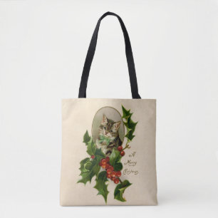 Kattenkerst Vrolijk Holly Kitten Antiek Kunst Tote Bag