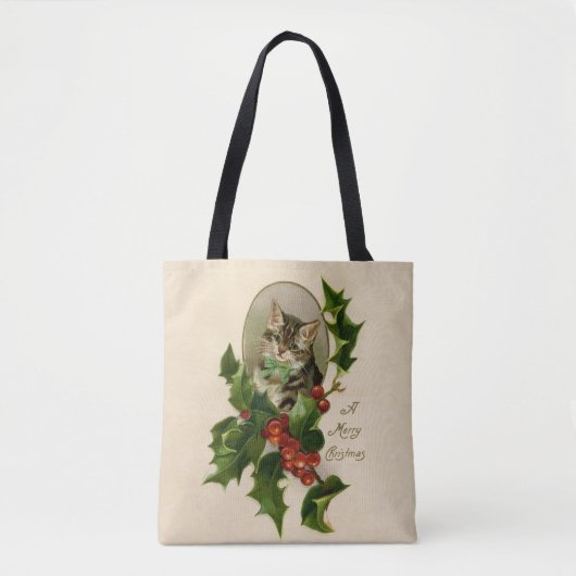 Kattenkerst Vrolijk Holly Kitten Antiek Kunst Tote Bag (Voorkant)