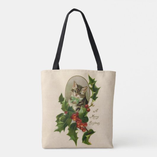 Kattenkerst Vrolijk Holly Kitten Antiek Kunst Tote Bag (Achterkant)