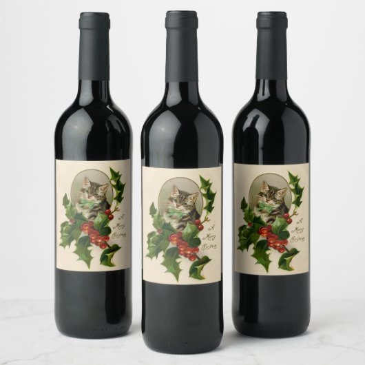Kattenkerst Vrolijk Holly Kitten Antiek Kunst Wijn Etiket (Flessen)