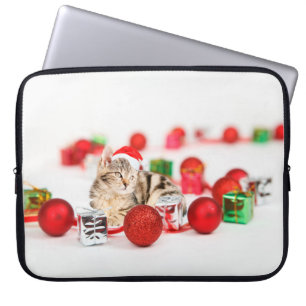 Kattenkerstbal met rode kerstman hoed laptop sleeve