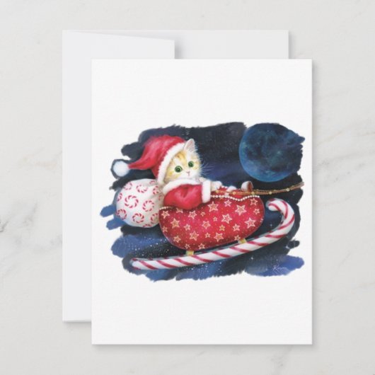 Kattenkerstman in slee bezorgt cadeaus feestdagenkaart (Voorkant)