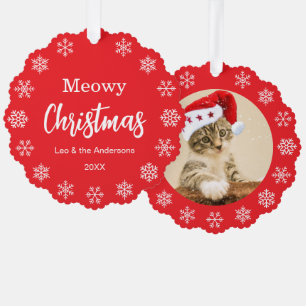 Kattenkerstmis Huiskat Foto Sneeuwvlokken Rood Ornament Kaart