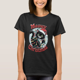 Kattenkerstmis Zwarte Kat in Lichtjes Verward Grap T-shirt