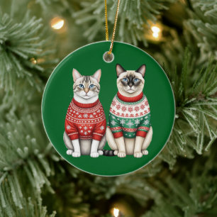 Kattenkerstversiering, Tabby en Siamese katten Keramisch Ornament