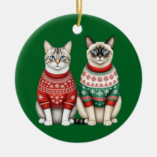 Kattenkerstversiering, Tabby en Siamese katten Keramisch Ornament (Voorkant)