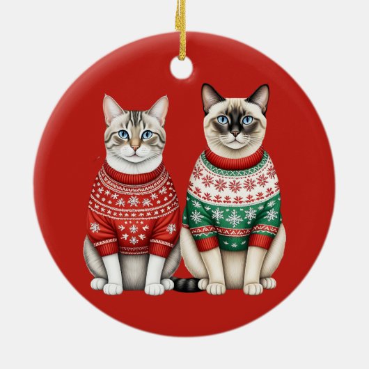 Kattenkerstversiering, Tabby en Siamese katten Keramisch Ornament (Achterkant)