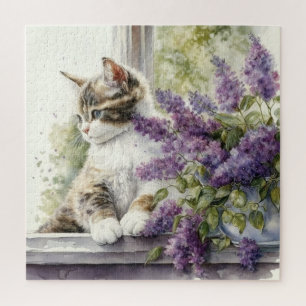 Kattenkit Lavendel Bloemen Raam Zonlicht Legpuzzel