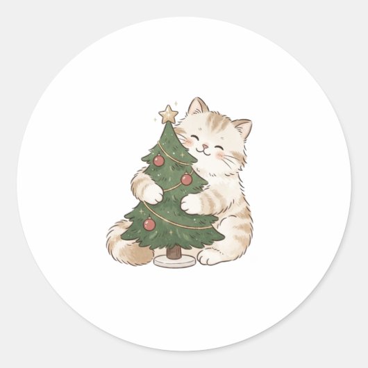 Kattenknuffelende Mini Kerstboom Sticker (Voorkant)