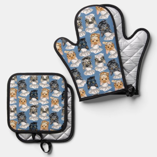 Kattenkoks Kookt Schattige Patroon Ovenwant & Pannenlap Set (Voorkant / Achterkant)