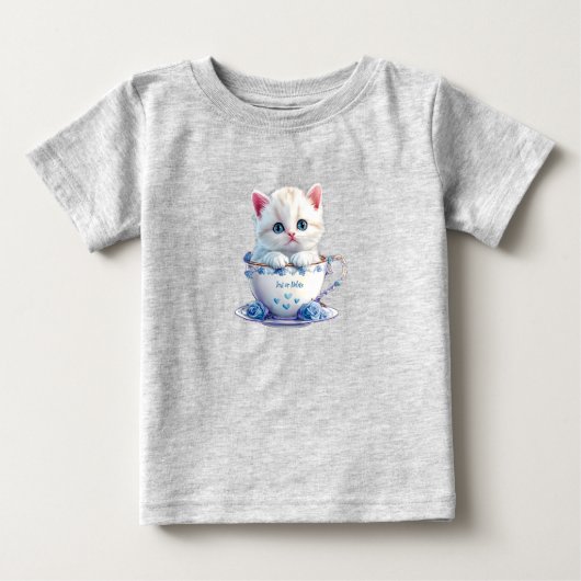 Kattenkopje in Beker Blauwe Bloemen Baby T-Shirt (Voorkant)