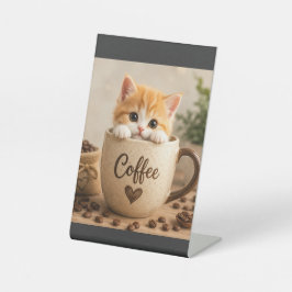 Kattenkopje in Koffiekopje Charme Reclamebord Met Voetstuk