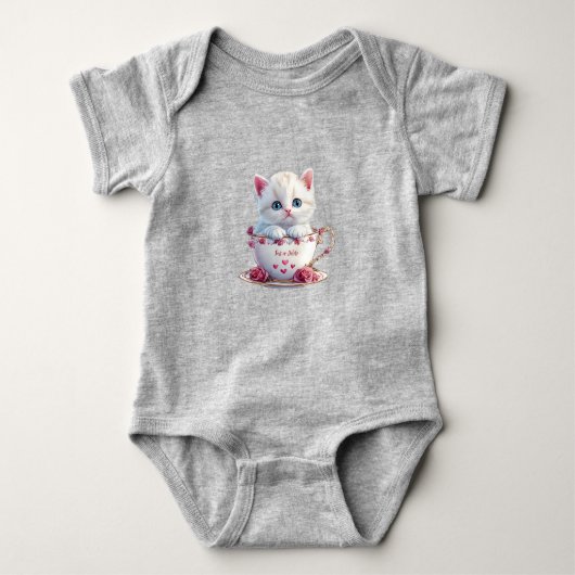 Kattenkopje in Kom Roze Bloemen Baby Body Romper (Voorkant)