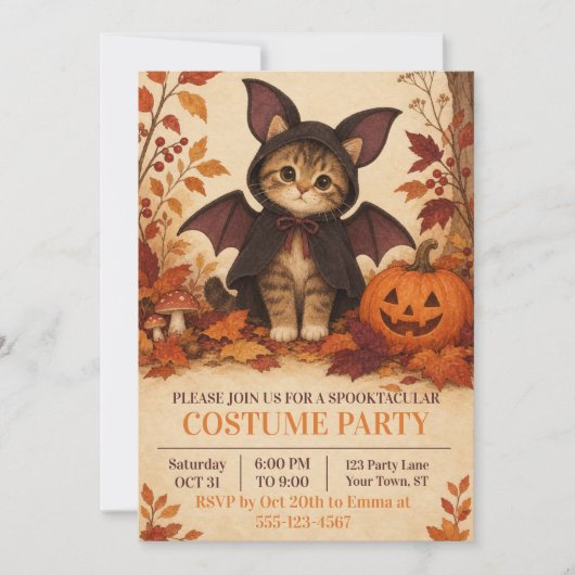 Kattenkostuum Halloween-feestuitnodiging Kaart (Voorkant)