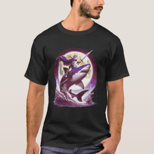 Kattenkrijger Ridding Haai Grappige Kat met Zwaard T-shirt