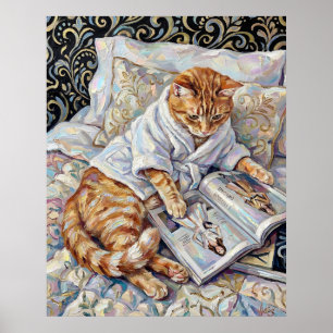 Kattenlezen in bed Mooie Muurkunst Posterprint Poster