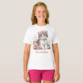 Kattenliefhebber Grijze Kitten Roze Rozen T-shirt (Voorkant volledig)