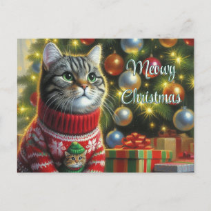 Kattenliefhebber Kute kat bij kerstboom  Briefkaart