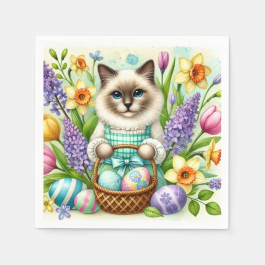 Kattenliefhebber met paasmand en bloemen servet (Voorkant)
