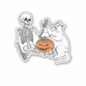 Kattenliefhebbers Halloween Funny Skeleton en Cat  Sticker (Voorkant)
