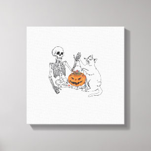 Kattenliefhebbers Halloween Grappig Skelet en Katt Canvas Afdruk