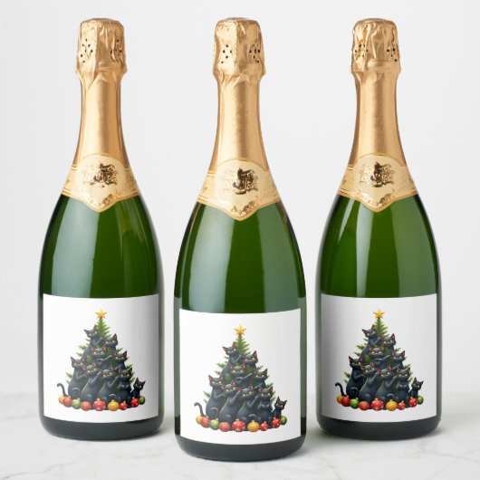 Kattenliefhebbers Schattige en Grappig Kerstboom 3 Sparkling Wijnetiket (Flessen)