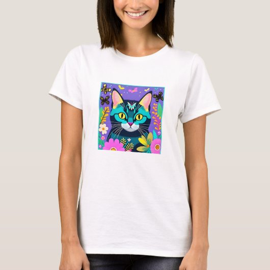 Kattenliefhebbers Whimsical Bloemenkat Digitale Ku T-shirt (Voorkant)