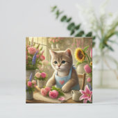Kattenmoeder arrangeert bloemen Moederdag Feestdagenkaart (Staand voorkant)