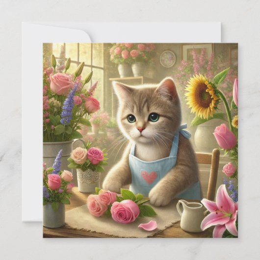 Kattenmoeder arrangeert bloemen Moederdag Feestdagenkaart (Voorkant)