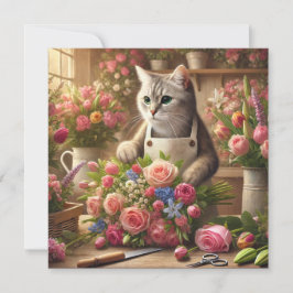 Kattenmoeder arrangeert bloemen voor Moederdag Feestdagenkaart