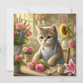 Kattenmoeder arrangeert bloemen voor Moederdag Feestdagenkaart