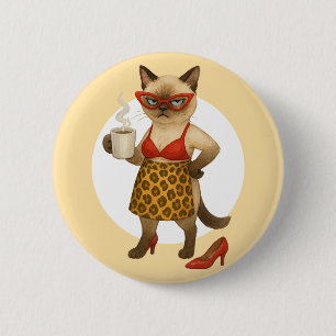 Kattenmoeder drinkt koffie  ronde button 5,7 cm