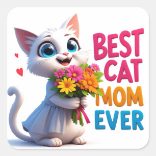 Kattenmoeder Liefde Met Bloemen En Hartjes 🐱 Vierkante Sticker