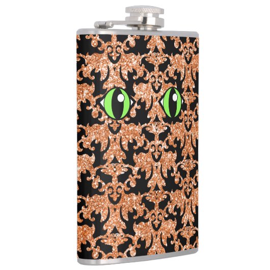 Kattenogen, Oranje Damask Vinyl Verpakte kolf Heupfles (Rechts)