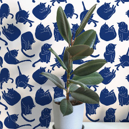 Kattenpatroon blauw en wit behang