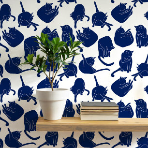 Kattenpatroon Blauw en Wit Behang