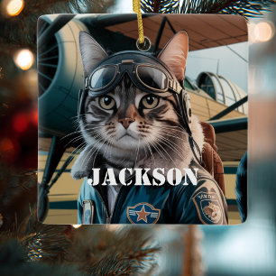 Kattenpiloot Vliegtuig Grappige Vliegerij Kerst Op Keramisch Ornament