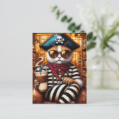 Kattenpiraat drink ijskoffie encaustische kunststi briefkaart (Staand voorkant)